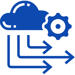 Icon of cloud and gear with arrows pointing out from the bottom