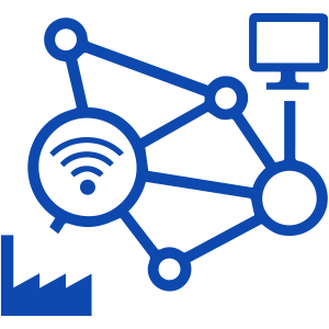 Icon of Wi-Fi symbol, computer and factory icon interconnected with lines and dots