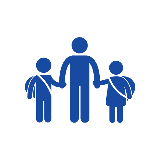 Parent holding hands with two kids with backpacks