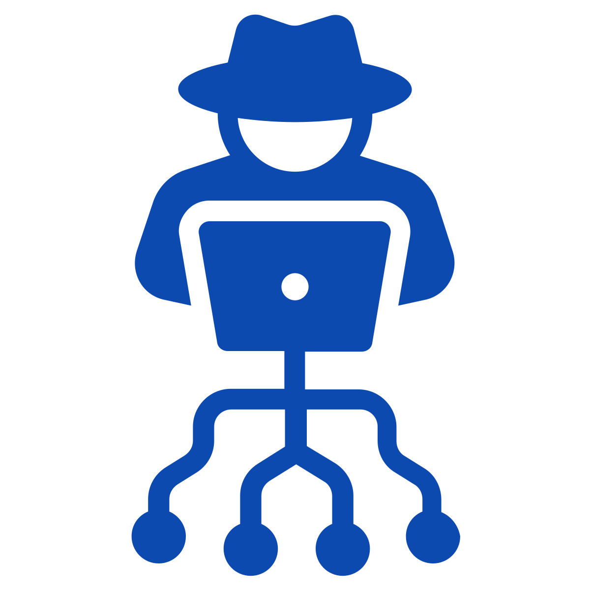Person with hat sitting at a laptop computer with networking connections coming out of it
